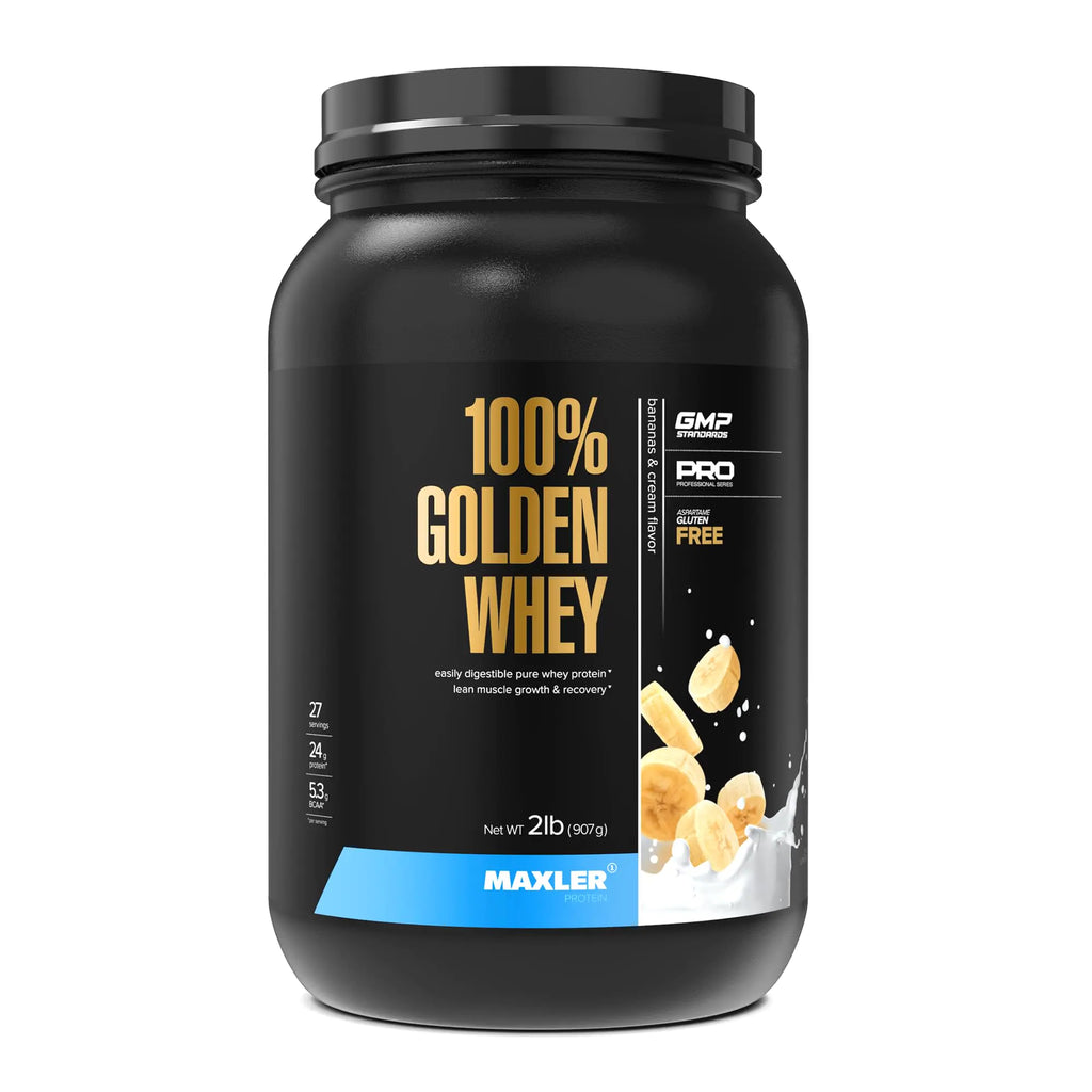 Maxler 100% Golden Whey Protein - 24g of Protein per Serving - Premium Whey Protein Powder for Pre Post Workout - Fast-Absorbing Whey Concentrate Isolate & Hydrolysate Blend - Bananas & Cream 2 lb