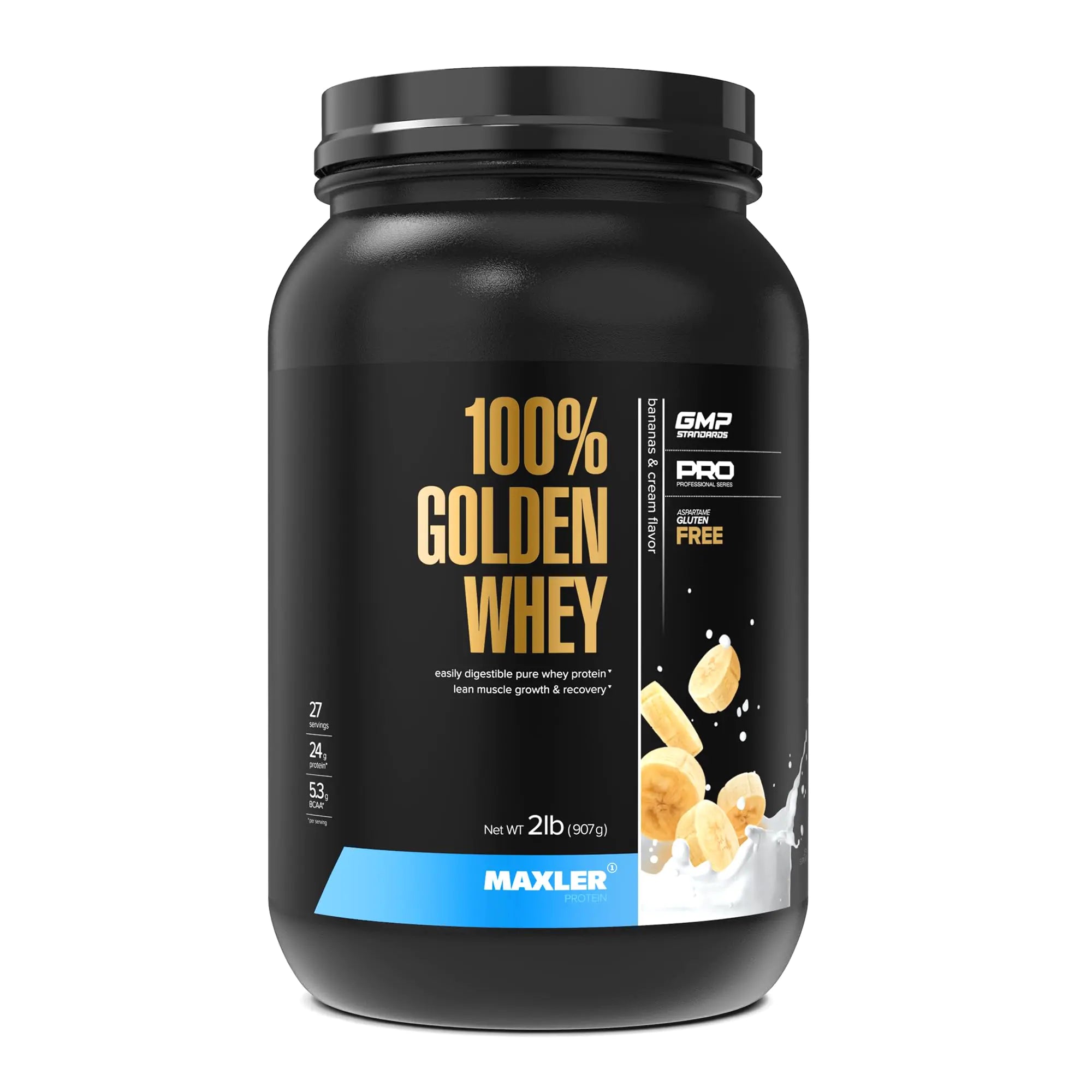 Maxler 100% Golden Whey Protein - 24g of Protein per Serving - Premium Whey Protein Powder for Pre Post Workout - Fast-Absorbing Whey Concentrate Isolate & Hydrolysate Blend - Bananas & Cream 2 lb