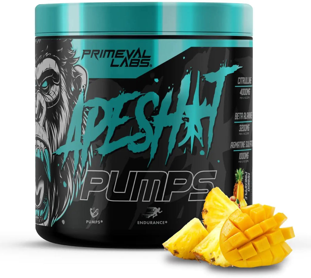 Primeval Labs Ape Pumps PreWorkout Powder for Men and Women 40 Servings Mango Pineapple Caffeine Free Nitric Oxide Pump Pre Workout Energy Drink Intense Pumps Strength Beta Alanine L Citrulline