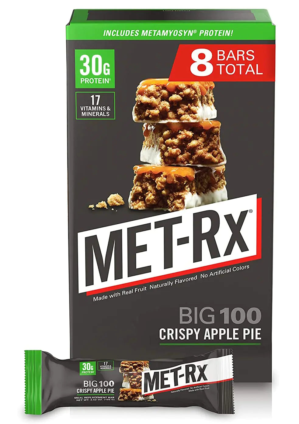 MET-Rx Big 100 Protein Bar Meal Replacement 30G Protein Gluten Free Crispy Apple Pie 3.52 oz. ea 8 Count (Packaging May Vary)