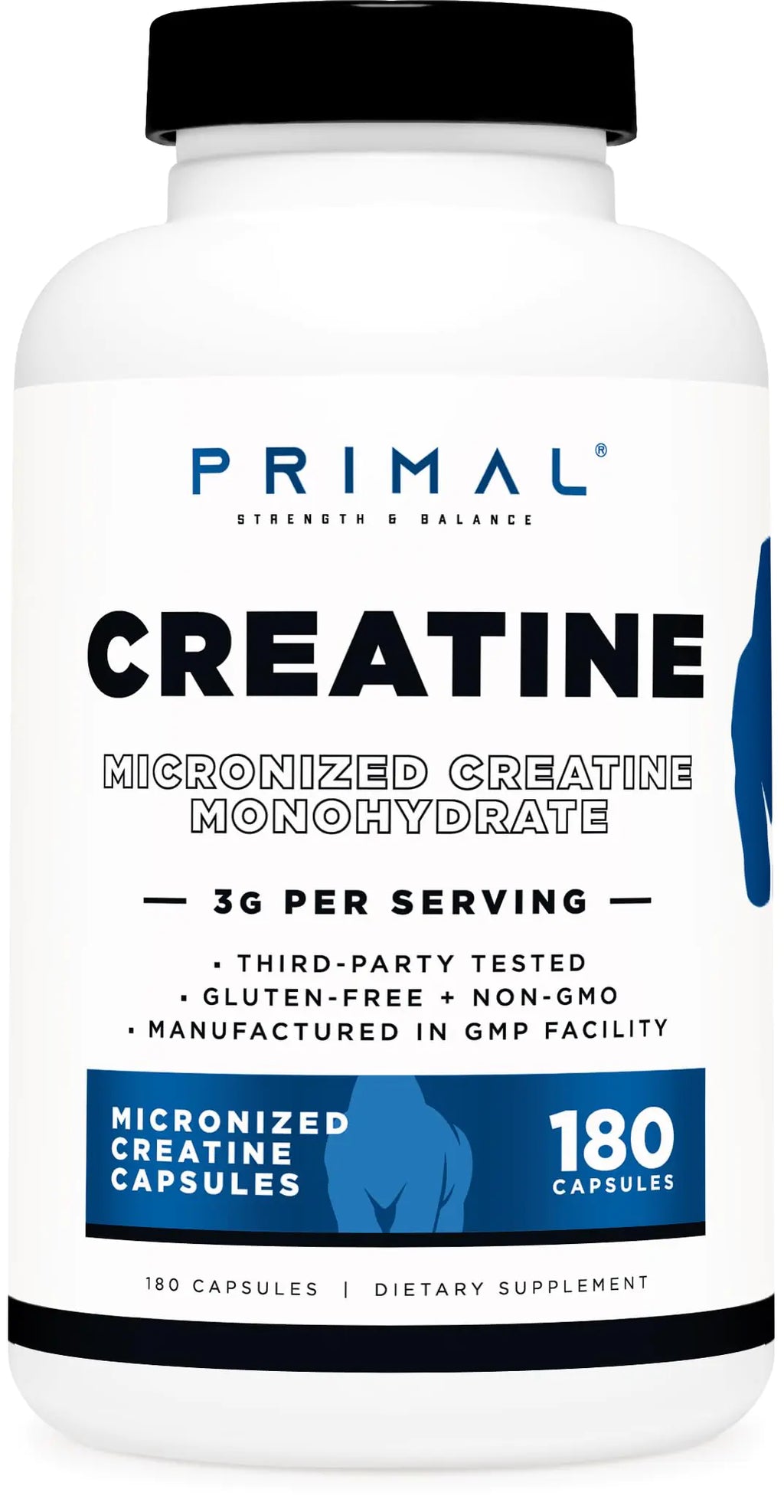 Primal Creatine Monohydrate (3000 Mg 180 Caps) - Micronized Creatine Supplement 750mg Per Capsule Great for Preworkout and Recovery - Gluten-Free Non-GMO