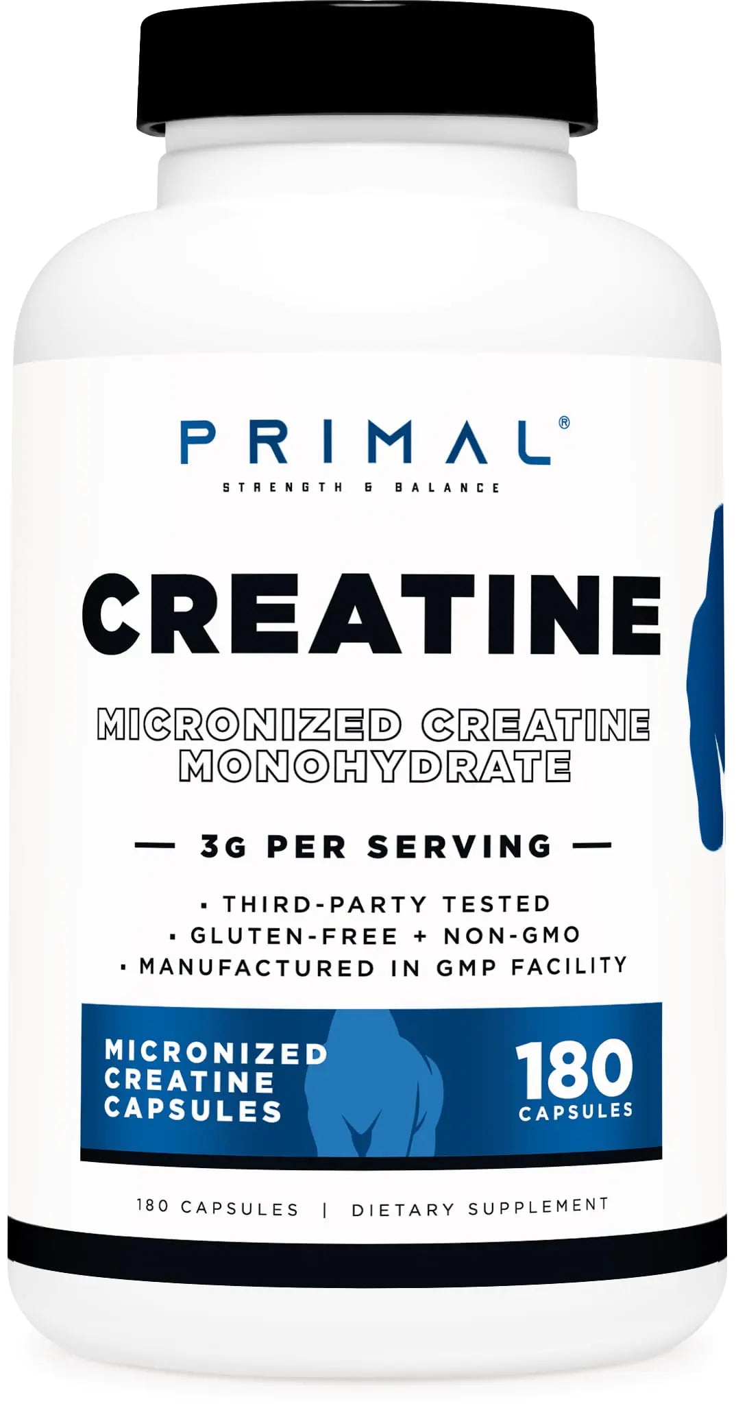 Primal Creatine Monohydrate (3000 Mg 180 Caps) - Micronized Creatine Supplement 750mg Per Capsule Great for Preworkout and Recovery - Gluten-Free Non-GMO