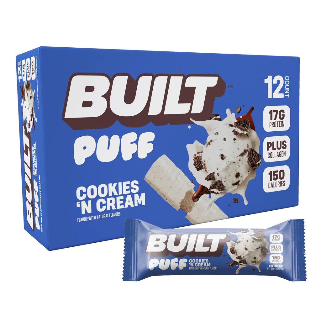 BUILT Puffs Protein Bars Cookies N Cream Puff High Protein Bars 17g High Protein Snacks On-The-Go Bars only 140 Calories 7g Sugar Collagen Not Gluten Free 12 Count